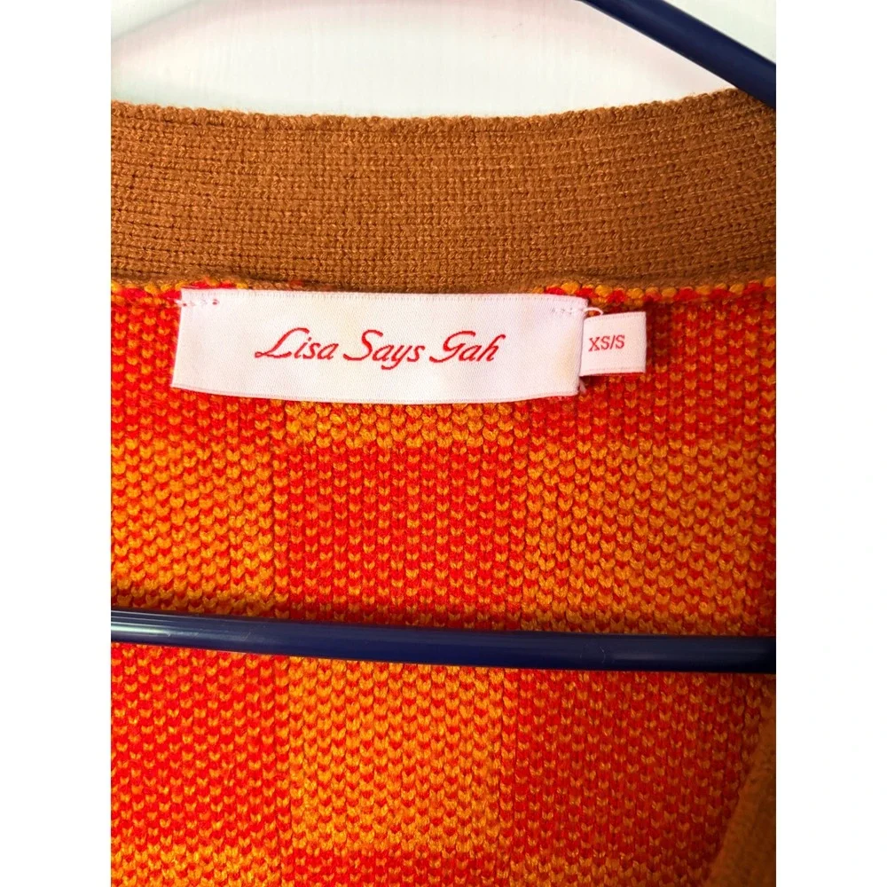 Lisa Says Gah Checkered Cardigan Sweater Red Orange Yellow XS/S Button Front - Picture 2 of 4